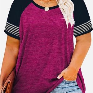 Plus Size Women's T-Shirts Color Block Striped Raglan Short/Long Sleeve, 24W
